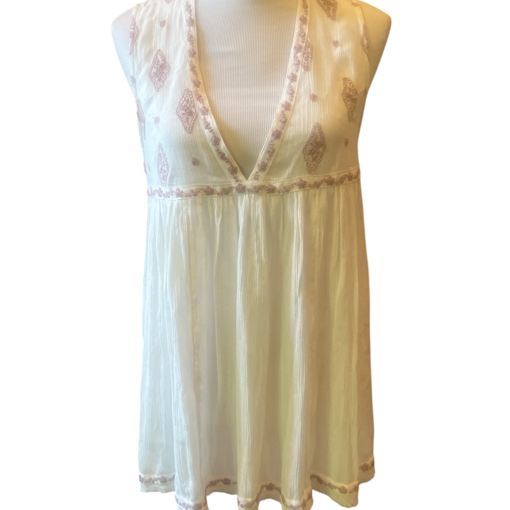 Free People Cream gauze mauve embroidered detailing deep neckline tunic/mini